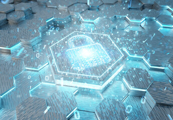 Fototapete - Web security icon concept engraved on metal hexagonal pedestral background. Padlock Logo glowing on abstract digital surface. 3d rendering