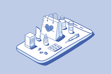 online pharmacy order ecommerce concept with outline isometric style