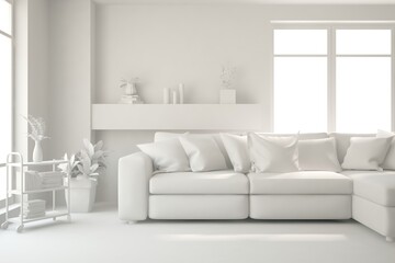 White minimalist living room with sofa. Scandinavian interior design. 3D illustration