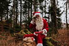 Man Wearing Santa Costume Sitting In Forest
