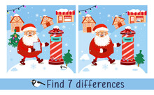 Santa Claus Carries Letter To Mailbox. Find 7 Differences. Game For Children. Activity, Vector.