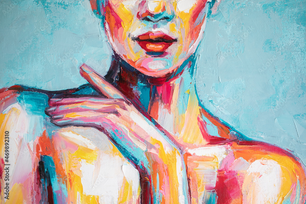 Oil portrait painting in multicolored tones. Abstract picture of a ...