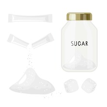 White Sugar Set. Jar With Inscription, Piles, Two Cubes, Sachets. Unhealthy Nutrition, Ingredient For Preparation Of Sugary Drinks, Pastries. Cartoon Vector Illustration Isolated On White Background.
