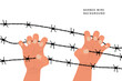 Two hands and a barbed wire fence. Immigration concept, detention camp, concentration camp, restricted area. Resistance, fight against injustice. Vector illustration. Prison, violence symbol.