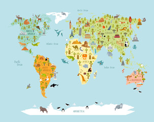 Print. World map with animals and architectural landmarks for kids. Eurasia, Africa, South America, North America, Australia. Cartoon animals.