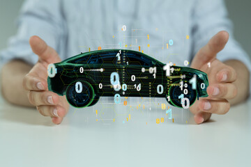 Poster - Hologram auto, futuristic polygonal model auto.