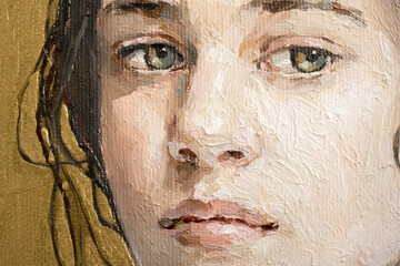 Oil painting. Portrait of a girl on a gold background. The art is done in a realistic manner.