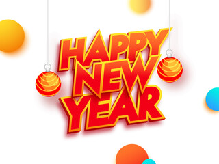 Sticker - Sticker Style Happy New Year Font With Glossy Baubles Hang And Circles On White Background.