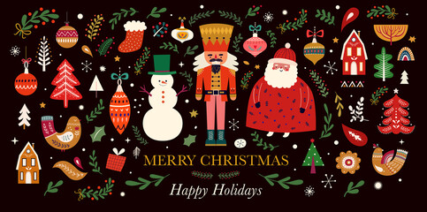Wall Mural - classic christmas illustration with funny santa claus, nutcracker, gift boxes. big christmas collect