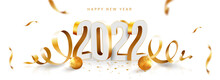 3D 2022 Number With Golden Swirl Ribbons And Glossy Baubles On White Background For Happy New Year Concept.