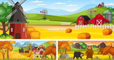 Wall Mural - Outdoor panoramic landscape scenes set with cartoon character