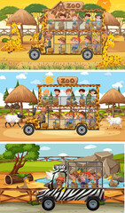 Wall Mural - Set of different safari horizontal scenes with animals and kids cartoon character