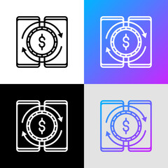 Mobile money transfer thin line icon: transaction between two smartphones. Modern vector illustration.