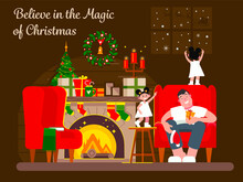Believe In The Magic Of Christmas. The Children Saw Santa In The Window. Cozy Interior With Fireplace. Vector Illustration In A Flat Style.