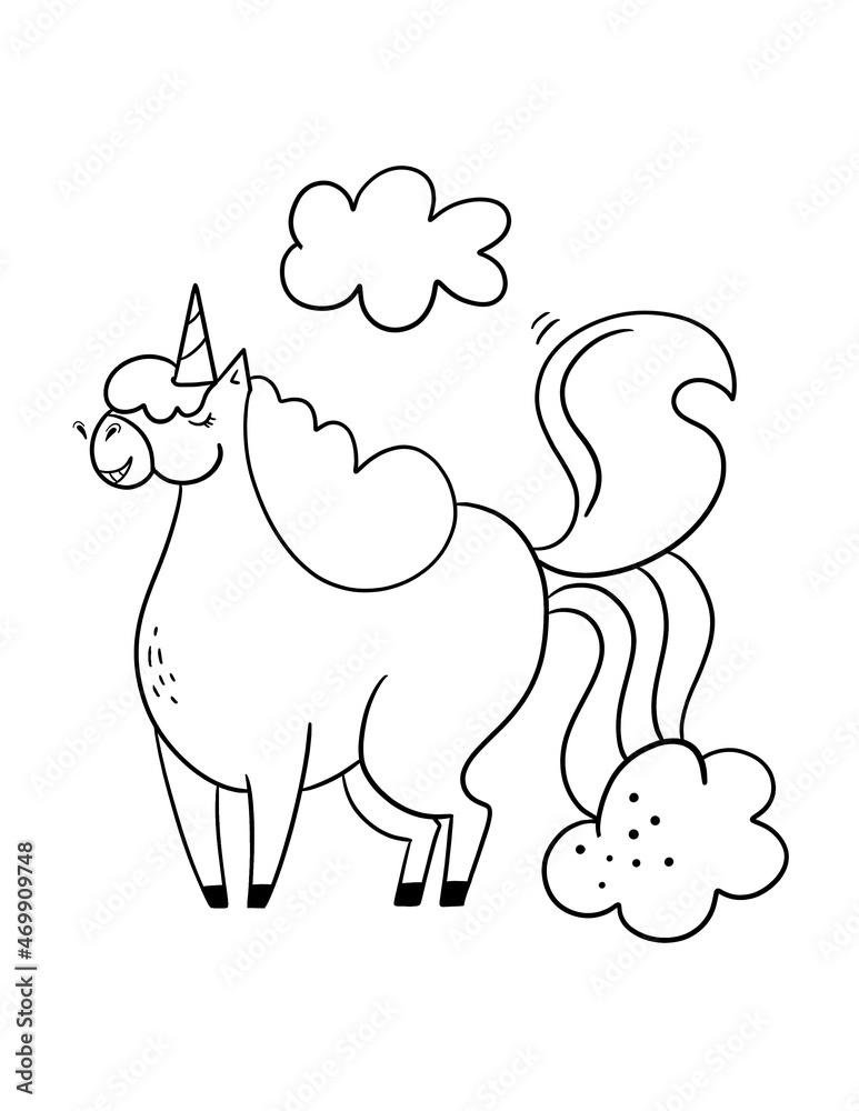 Cartoon style illustration with unicorn pooping rainbow. Funny coloring ...