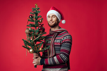 Wall Mural - handsome man in a santa hat Christmas decorations holiday New Year studio posing