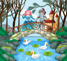 Wall Mural - Princess and knight in enchanted garden background