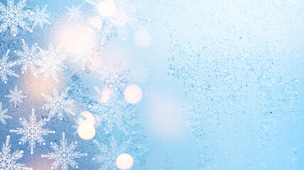 Wall Mural - abstract achristmas background. bright colored blurred lights, bokeh. neon glow, snowflakes.