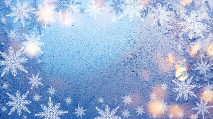 Wall Mural - abstract achristmas background. bright colored blurred lights, bokeh. neon glow, snowflakes.