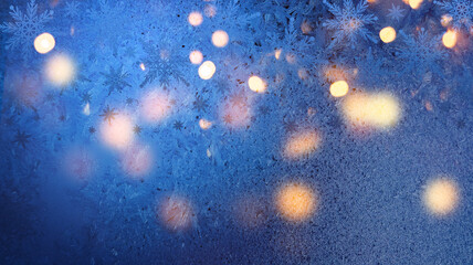 Wall Mural - Abstract aChristmas background. Bright colored blurred lights, bokeh. Neon glow, snowflakes.