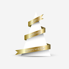 Wall Mural - simple card with christmas tree made from paper triangle and golden stripe ribbon