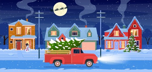 Wall Mural - Christmas card design of car with tree on the top