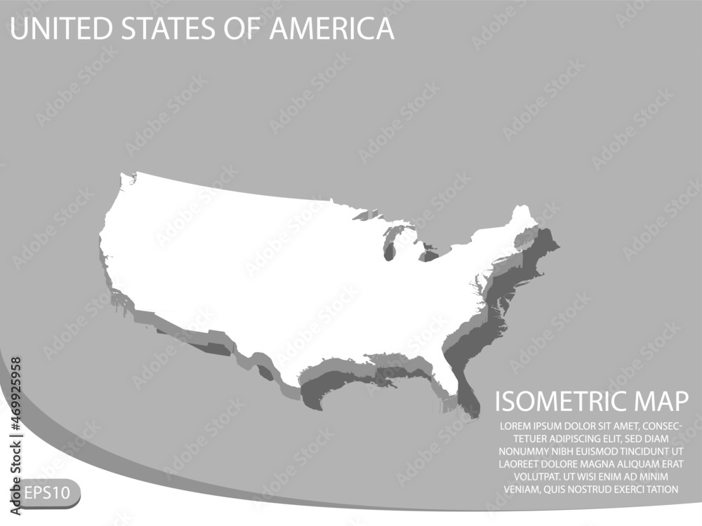 white isometric map of United States of America elements gray ...