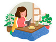 Girl sitting behind a kotatsu illustration. Vector cute female character and low japanese wooden table covered by a futon, or heavy blanket. Modern anime kawaii style illustration.
