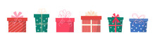 Present Gift Box Illustration. Vector Isolated Elements. Christmas Gift Icon Dotted And Stripped Illustration Vector Symbol. Surprise Present Cartoon Flat Design. Vector Set.
