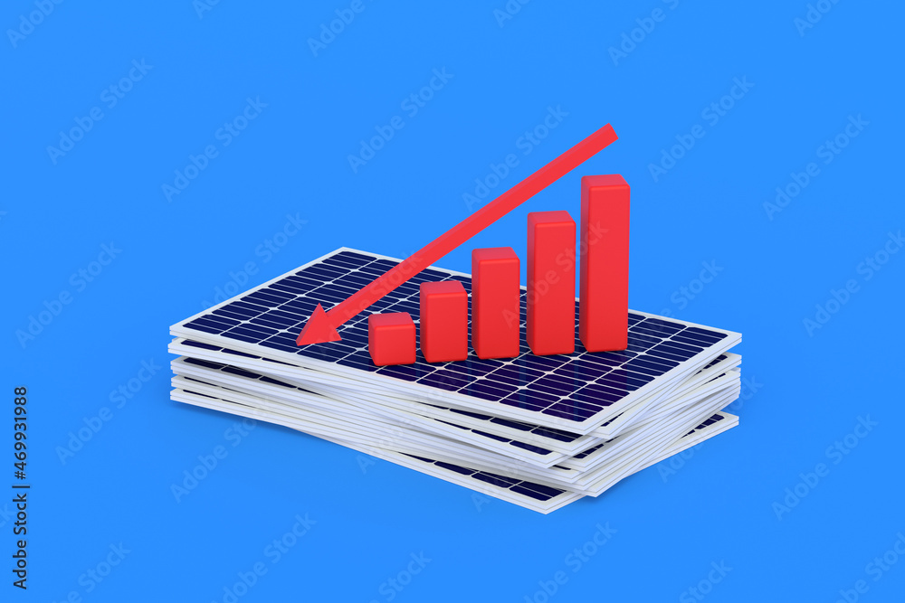Heap of solar panels near graph. Negative growth dynamics, construction ...