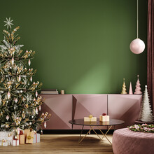 Green Room Decorated For Christmas, Wall Mockup, 3d Render