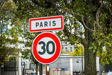 Paris Entrance Traffic Sign With A Speed Limit For Cars Of 30 Kilometers Per Hour