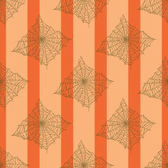 Seamless pattern spider web isolated on orange striped background. Outline spooky cobwebs template for fabric.