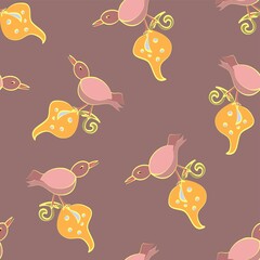 Wall Mural - Pink Birds On Orange Autumn Leaves Vector Repeat Pattern