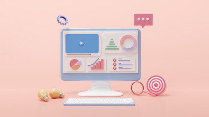 Poster - 3D SEO Optimization, Search Engine Optimization marketing concept, growth web analytics search via keyword information computer on pink pastel background, Analysing statistical charts, 3D render