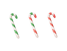 Red And Green Candy Canes. Watercolor Illustration Isolated On White.