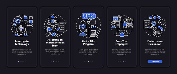 Technology execution steps onboarding mobile app page screen. Pilot program walkthrough 5 steps graphic instructions with concepts. UI, UX, GUI vector template with linear night mode illustrations