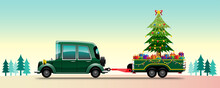 Merry Christmas Vector Illustration Retro Pickup Truck Vintage Style With Christmas Tree.