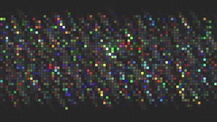 Poster - Abstract background with pixel glitch effect in dark colors, seamless loop. Motion. Rows of multicolored rectangles flickering across the screen.