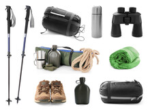 Set With Different Camping Equipment On White Background