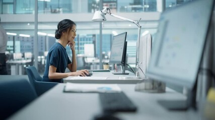 Leinwandbilder - In Big Diverse Corporate Office: Portrait of Beautiful Asian Manager Using Desktop Computer, Businesswoman Managing Company Operations, Analysing Statistics, Commerce Data, Marketing Plans.