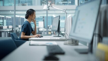 Poster - In Big Diverse Corporate Office: Portrait of Beautiful Asian Manager Using Desktop Computer, Businesswoman Managing Company Operations, Analysing Statistics, Commerce Data, Marketing Plans.