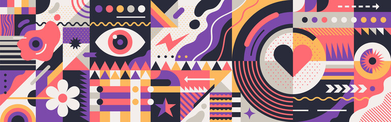Wall Mural - Colorful psychedelic pattern design in abstract geometric style. Vector illustration.