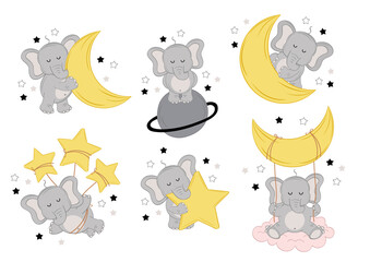 Wall Mural - set of isolated sleeping elephants with moon and stars