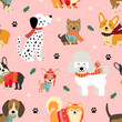 seamless pattern with cute dogs and gifts