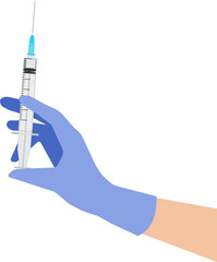 The syringe is in the doctor's hand. A syringe for injection. A gloved hand holds a syringe. The concept of healthcare in medicine.