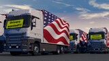 Fototapeta Dmuchawce - Trucks with a drivers wanted sign - Truck drivers shortage in the USA - american trade doesn’t work - A lorry with a US flag cannot proceed - 3D illustration