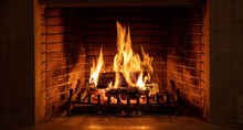 Christmas Time, Cozy Fireplace. Wood Logs Burning, Fire Bricks Background, Relaxation And Warm Home