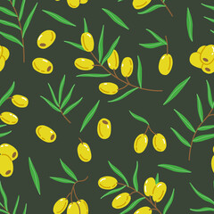 Wall Mural - Seamless pattern with olives, twigs and leaves in a simple cute cartoon flat style. Illustration background.