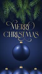 Wall Mural - Christmas Stories Vector Advertising Card or Poster. Pine Branches Background with Realistic Baubles and Text Copy Space . New Year Winter Holidays Story Decoration Template